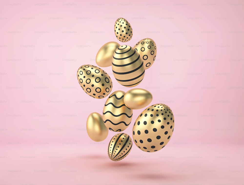 Falling golden easter eggs with different pattern on pink background. 3D rendering