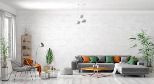Modern interior design of Scandinavian apartment, living room with grey sofa, armchair, coffee tables and plant 3d rendering