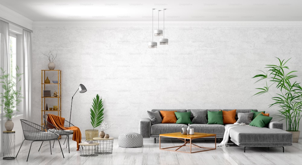 Design moderno degli interni dell'appartamento scandinavo, soggiorno con divano grigio, poltrona, tavolini e rendering 3d vegetale