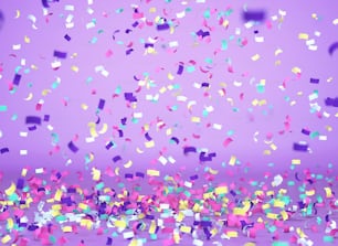 Coriandoli colorati che cadono su sfondo viola, sfondo celebrazione. Rendering 3D