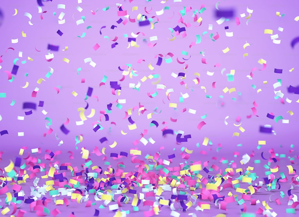 Coriandoli colorati che cadono su sfondo viola, sfondo celebrazione. Rendering 3D