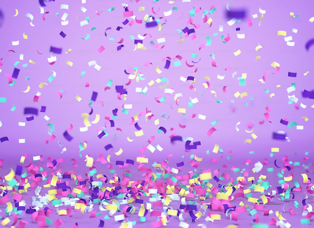 Confettis colorés tombant sur fond violet, fond de célébration. Rendu 3D