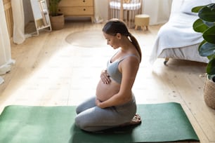 Nice pregnant woman enjoying the day at home stock photo