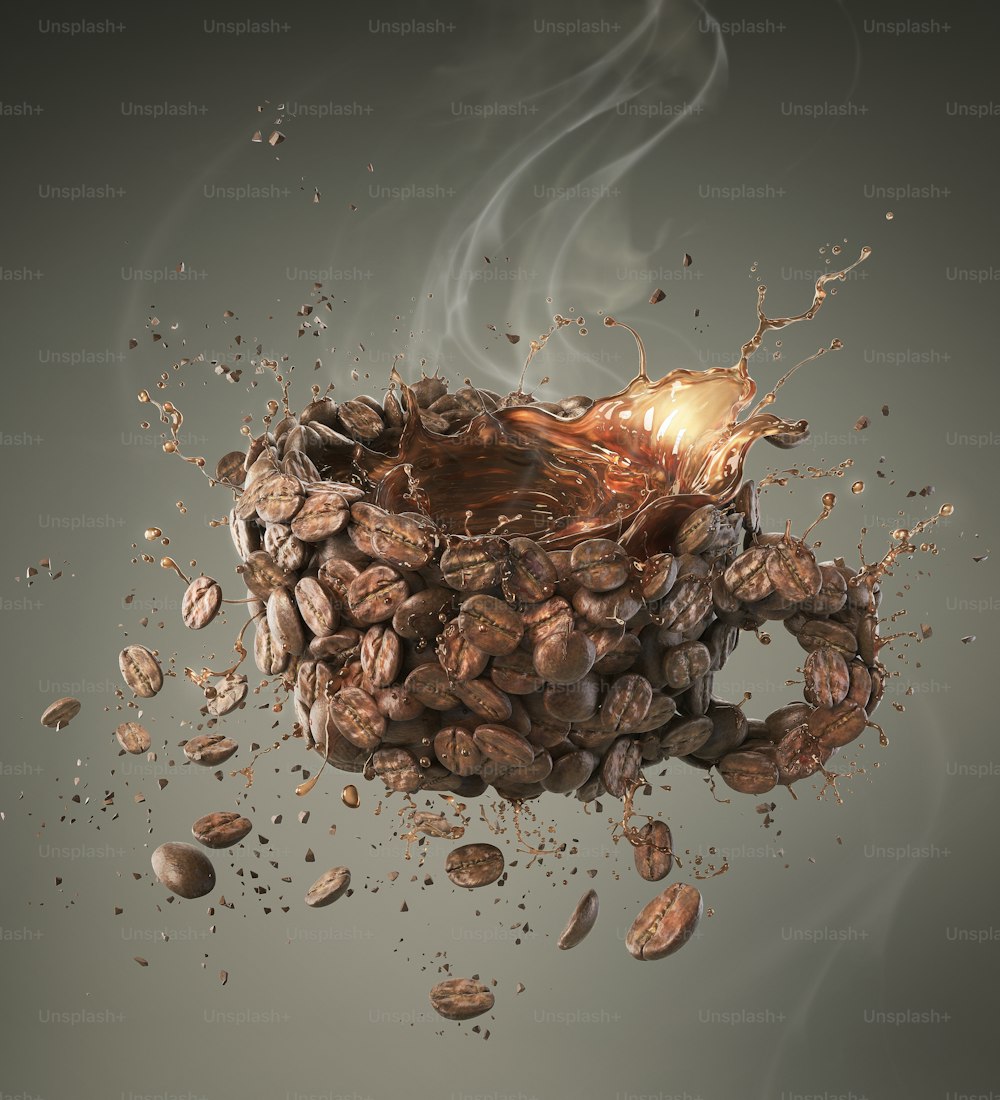 Grain de café torréfié en forme de tasse avec éclaboussure de café noir liquide chaud, illustration 3D.