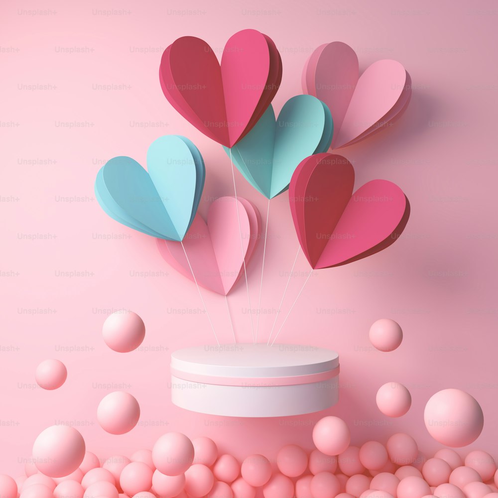 Representación 3D de la pantalla del podio con corazón y bola rosa, fondo de feliz día de San Valentín.
