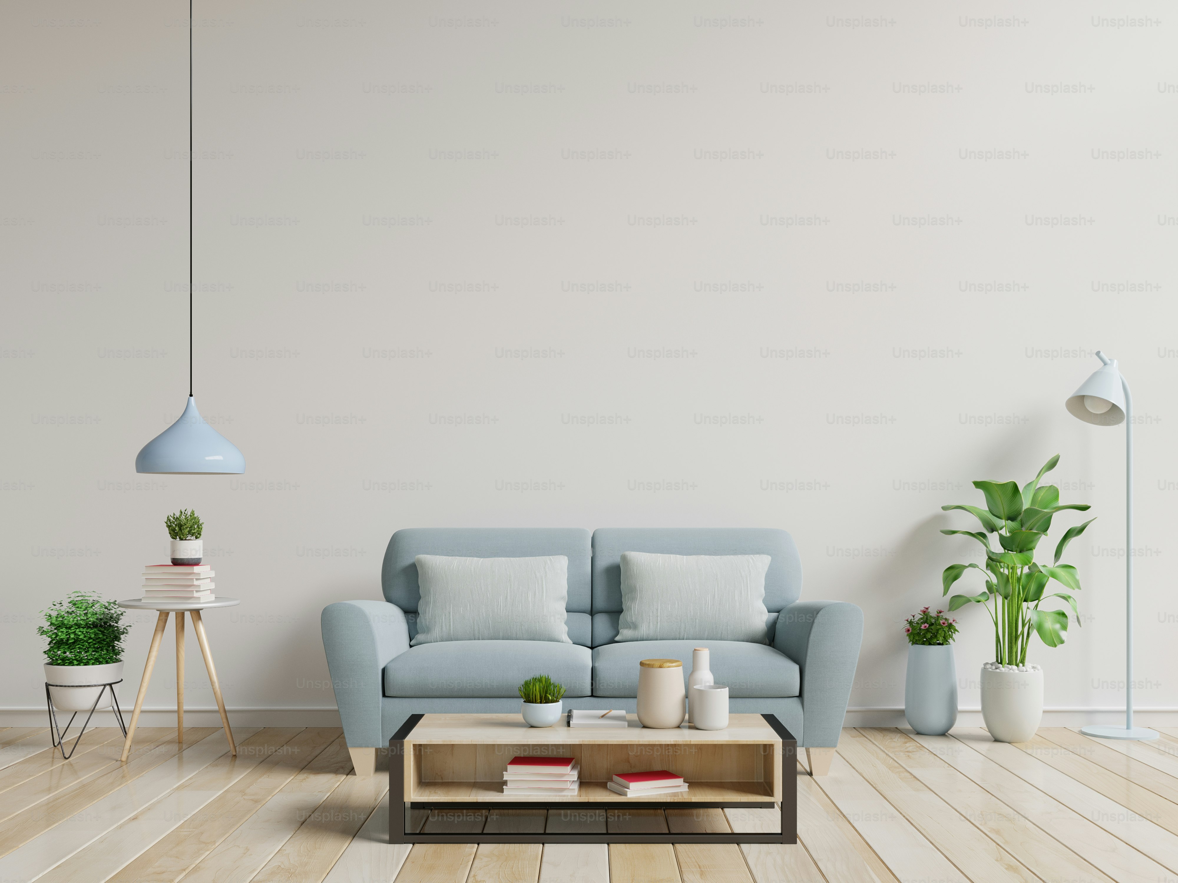 Modern interior room with plants and sofa in wooden table,3d rendering ...