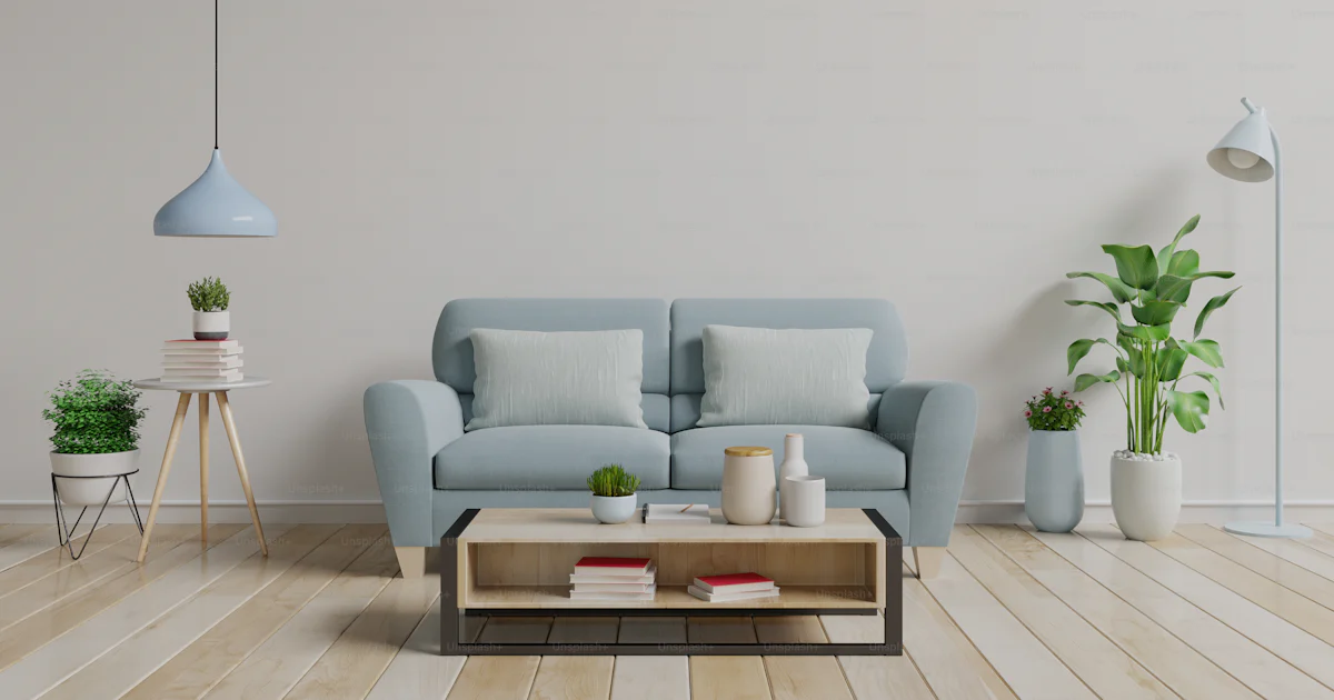 Modern interior room with plants and sofa in wooden table,3d rendering ...