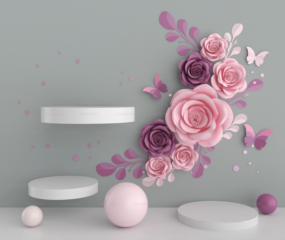 紙のアートパステルカラーの花の抽象的背景に表彰台のディスプレイデザイン、3Dレンダリング。