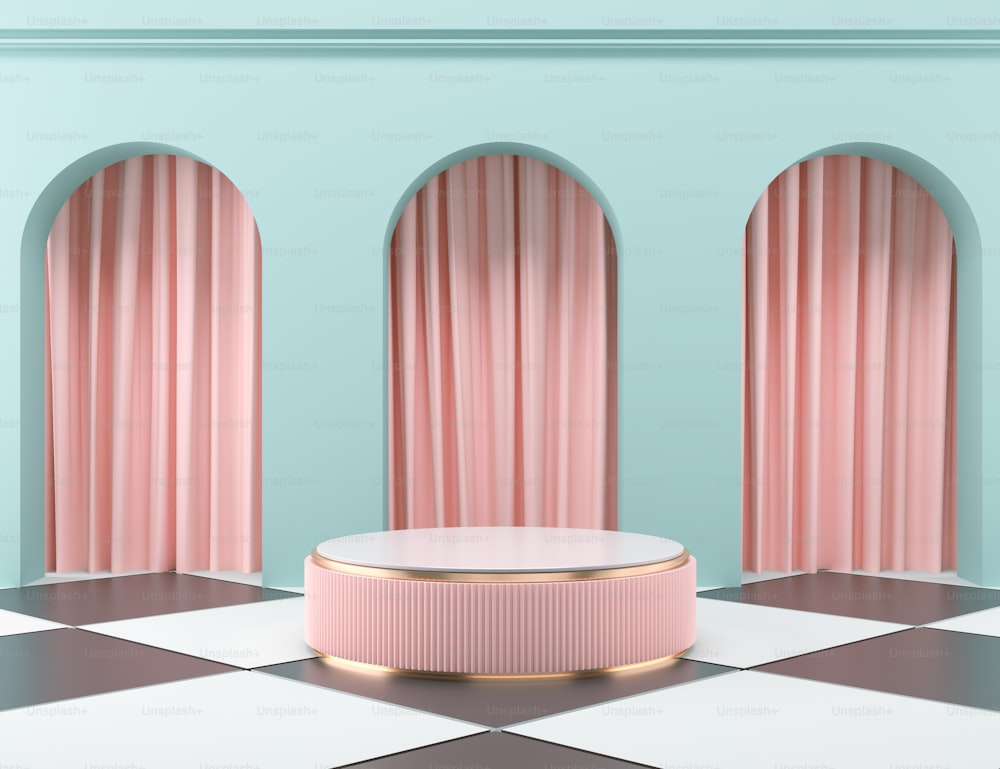 Scena astratta di colore pastello, sfondo del podio di forma geometrica rosa, rendering 3d.