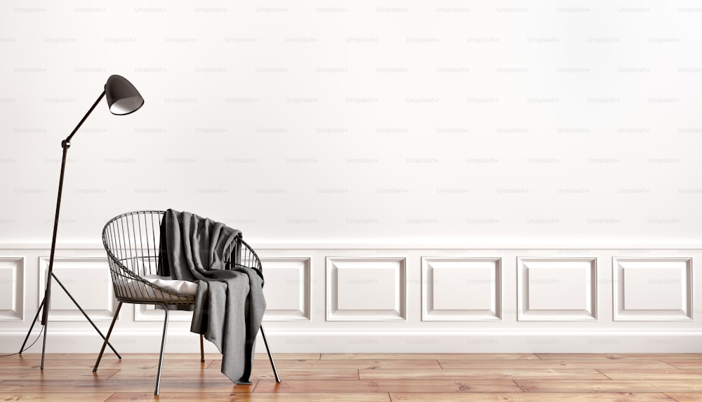 Design intérieur du salon avec boiseries, lampadaire et fauteuil noir avec plaid sur rendu 3D mural blanc