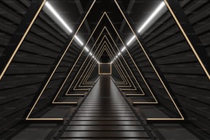 Science-Fiction Innenraum Dreieck Dunkel Leerer Korridor mit Tür Science-Fiction-Raumschiff Korridore gelb, 3D-Rendering