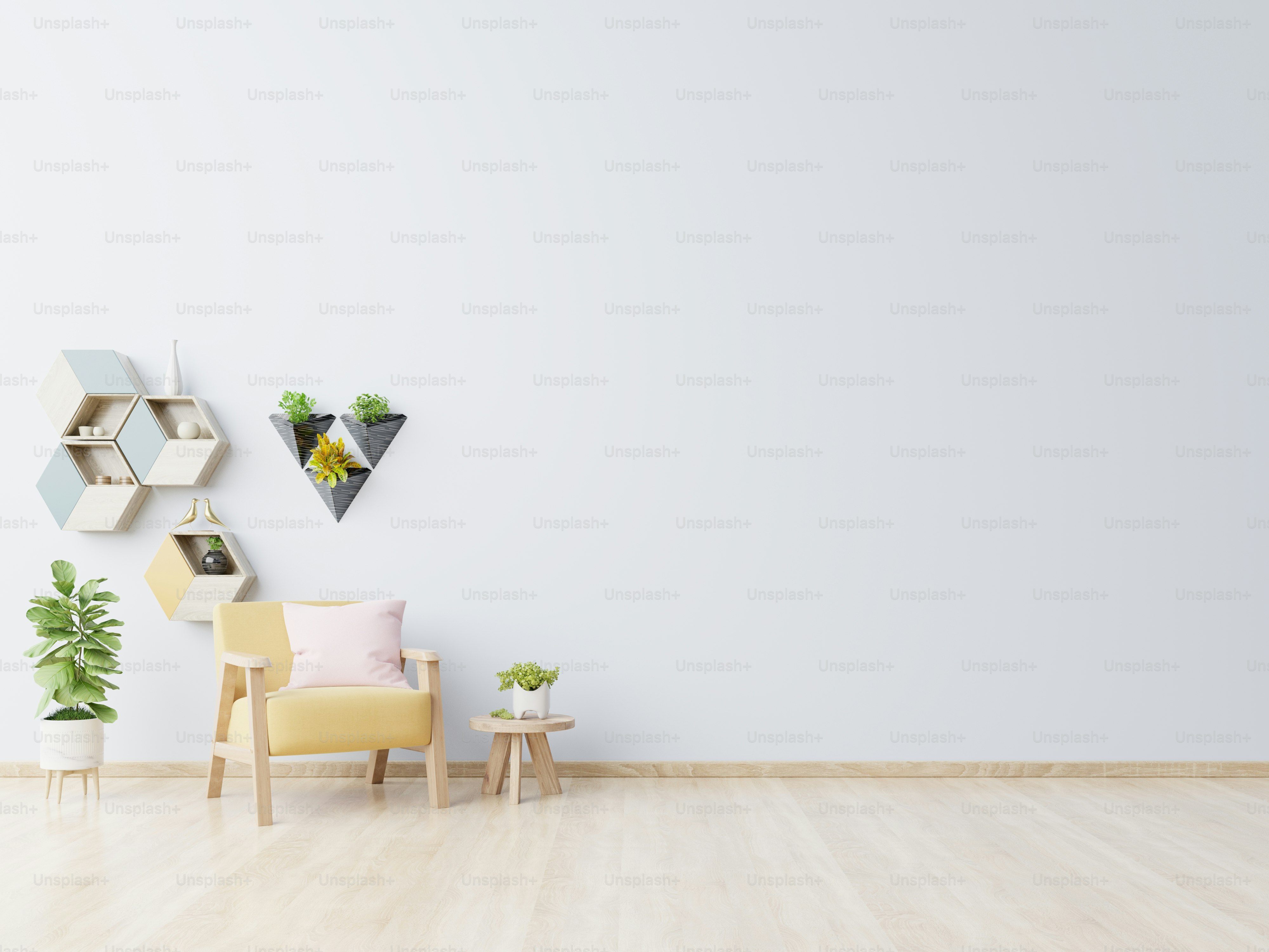 Wohnzimmer mit Holztisch, Lampen und gelbem Sessel, 3D-Rendering