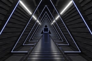 Science background fiction interior room Triangle Dark Empty Corridor With Door sci-fi spaceship corridors blue ,3D rendering