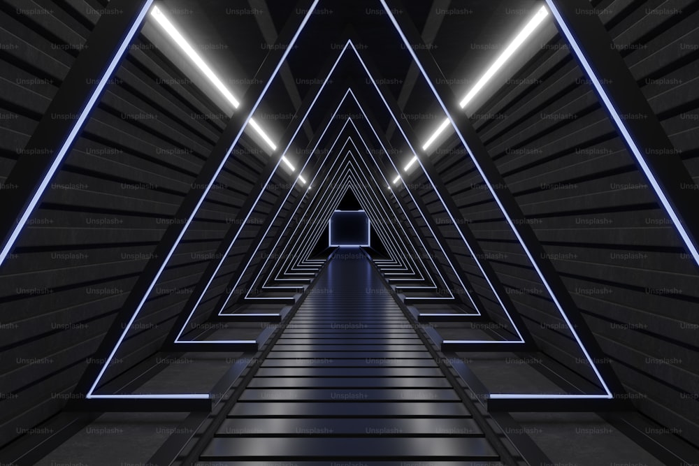 Science-Fiction-Innenraum Dreieck Dunkel Leerer Korridor Mit Tür Science-Fiction-Raumschiff-Korridore Blau, 3D-Rendering