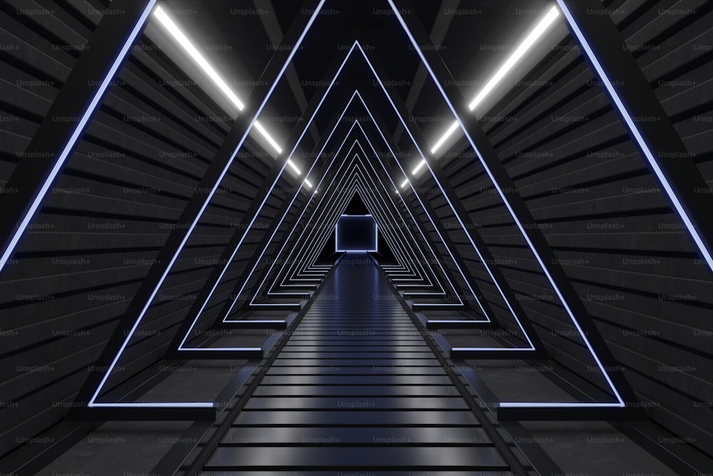 Science background fiction interior room Triangle Dark Empty Corridor With Door sci-fi spaceship corridors blue ,3D rendering