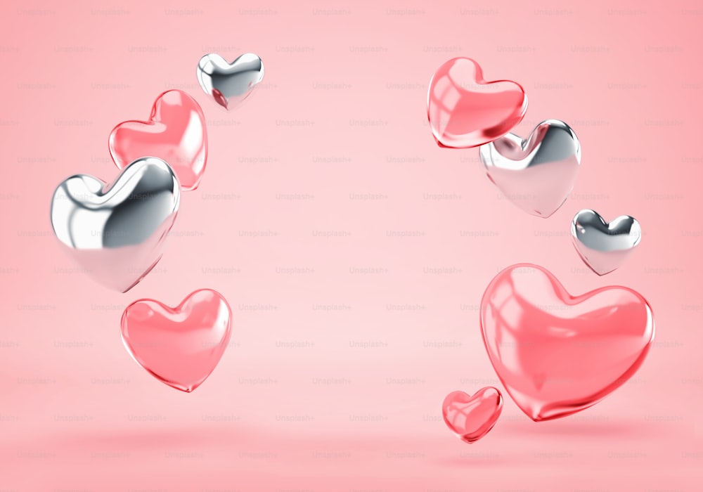 Saint-Valentin, carte de vœux d’anniversaire avec des cœurs argentés et rose verre. Rendu 3D