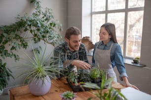 Expert knowledge. A man and a woman discussing the planting of succulents