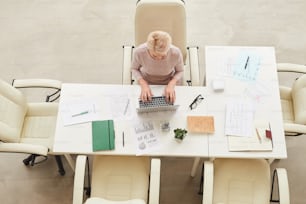 Elegant mature businesswoman working alone in modern office horizontal from above shot