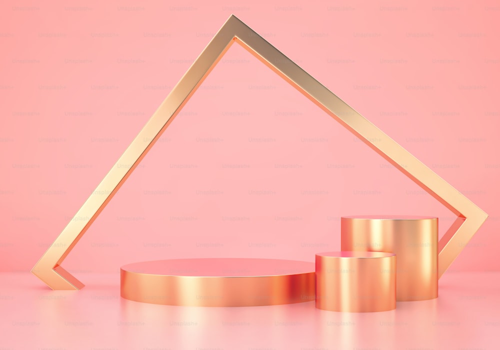 Minimal abstract scene with golden podium and golden frame on pink background. 3D rendering