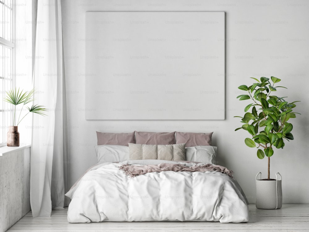 침실, 스칸디나비아 디자인, 3d 렌더링, 3d 일러스트레이션에 포스터 모형