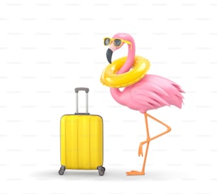 Flamingo de óculos escuros com anel de natação e mala amarela isolada na cor branca. Conceito de férias de verão. Renderização 3D com caminho de recorte