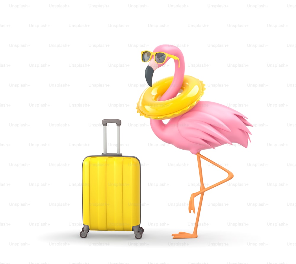 白い背景にサングラスをかけたフラミンゴと水泳リングと黄色のスーツケース。夏休みのコンセプト。クリッピングパスを使用した3Dレンダリング