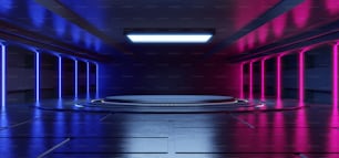 Abstract blue and pink neon light shapes on black background for placing products with concrete background,3d rendering