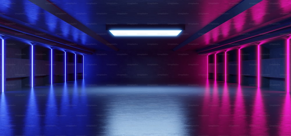 Abstract blue and pink neon light shapes on black background for placing products with concrete background,3d rendering
