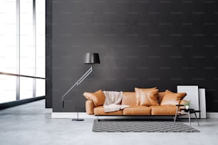 3D schönes Interieur mit Couch und Hauspflanze