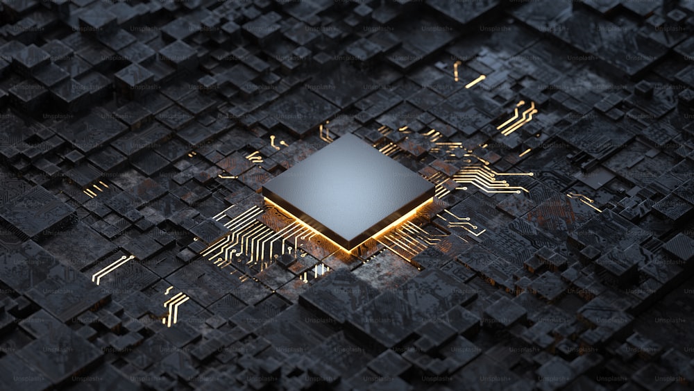 Concepto de CPU de procesadores centrales de computadoras. Renderizado 3D, imagen conceptual.