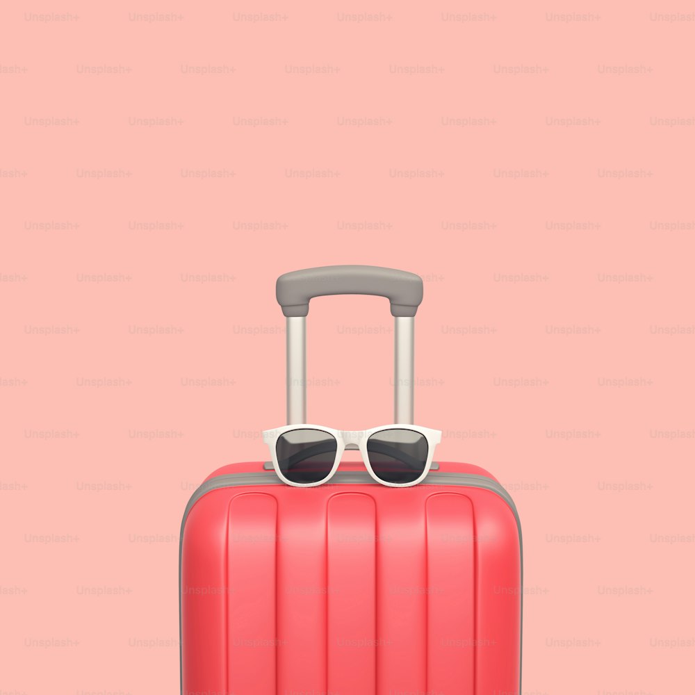 ピンクの背景に赤いスーツケースとサングラス。夏休みのコンセプト。3Dレンダリング