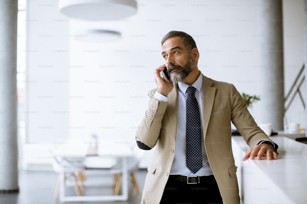 Bel homme d’affaires senior utilisant un téléphone portable dans un bureau moderne