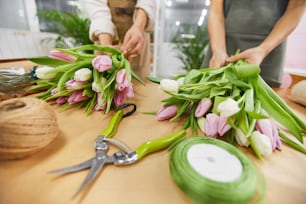 Close up of two unrecognizable young women arranging tulip bouquets and floral compositions for Spring season while working in flower shop, copy space