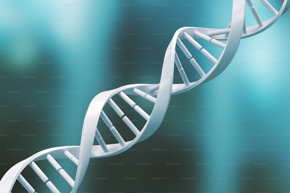 白いDNAスパイラル構造、分子生物学の科学コンセプト背景、3Dイラスト。