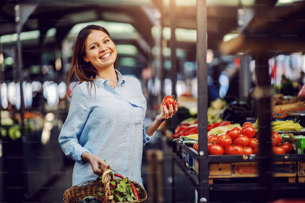 Attractive brunette holding basket with vegetables and holding fresh tomato at farmers market.
