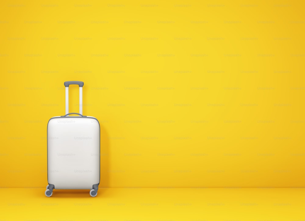 Valigia bianca su sfondo giallo con spazio di copia. Concetto di viaggio minimale. Rendering 3D