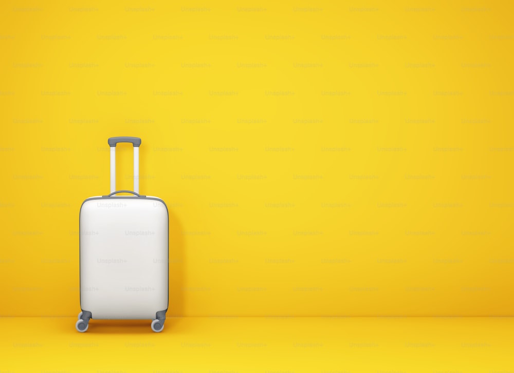 White suitcase on yellow background with copy space. Minimal travel concept. 3D rendering