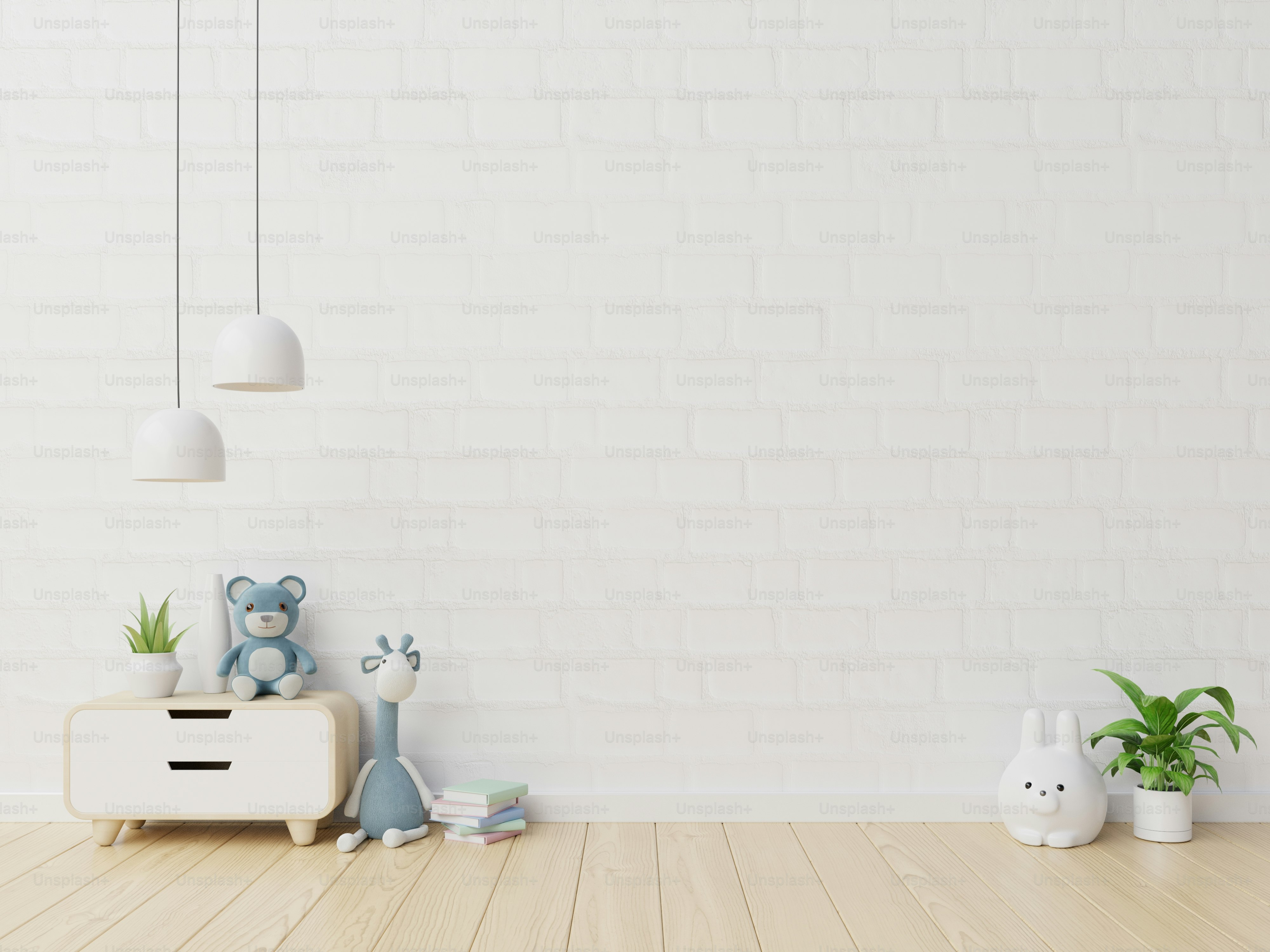 Mockup wall in the children's room in blue wall background.3d rendering