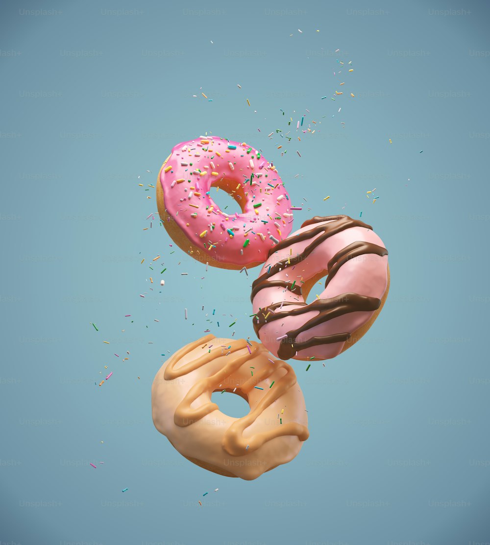 青の背景に空飛ぶドーナツの甘いドーナツ、3Dイラスト。