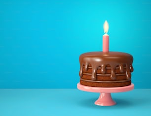 Schokoladenkuchen mit Kerze auf blauem Hintergrund. 3D-Rendering