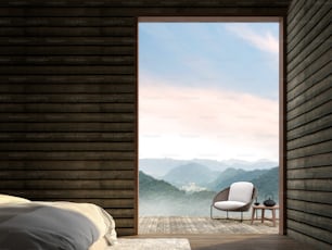 목조 전원주택 3d 렌더링의 침실, 객실에는 나무 바닥, 오래된 나무 판자 벽이 있습니다. 하얀 침대와 등나무 의자가 구비되어 있습니다. 테라스와 산의 전망을 감상할 수 있습니다.