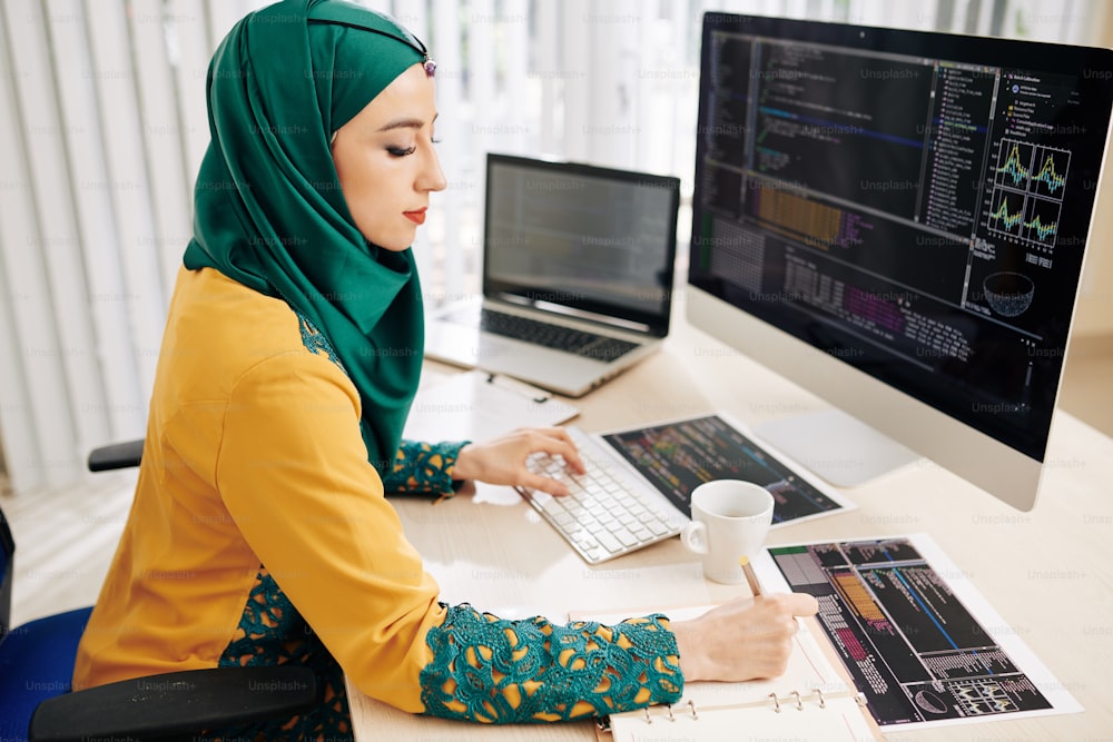 Giovane sviluppatrice di software musulmana che lavora sulla programmazione del codice e prende appunti nel planner
