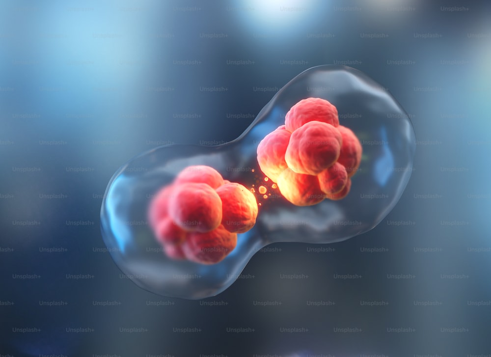 División de células humanas bajo un microscopio. Terapia celular. Ilustración 3D Ciencia y antecedentes médicos.