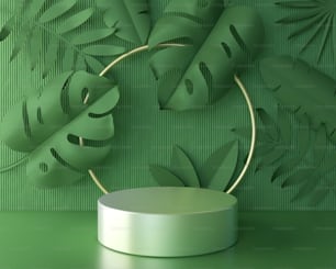 3d rendering scene podium display with Tropical leaf background.