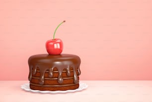 Gâteau au chocolat avec cerise sur fond rose. Rendu 3D