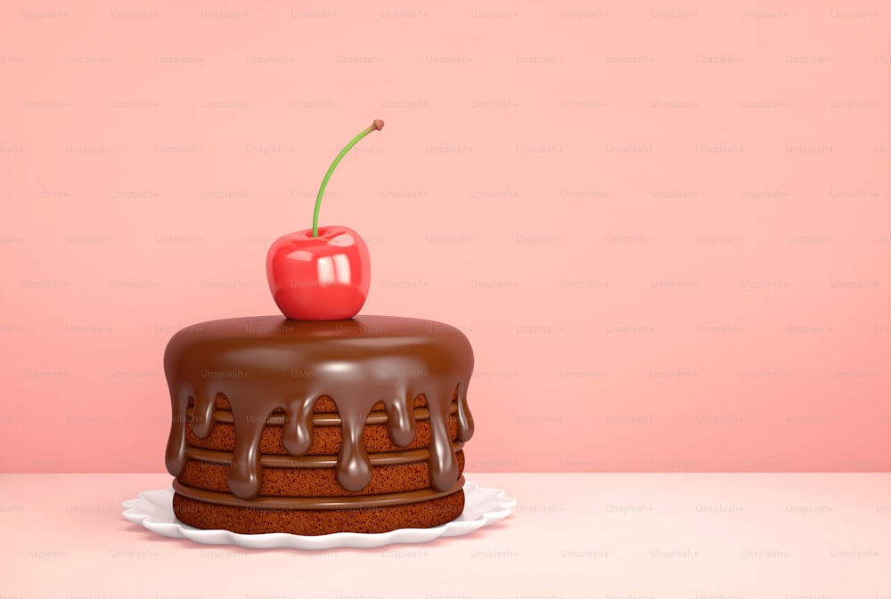 분홍색 배경에 체리가 있는 초콜릿 케이크. 3D 렌더링