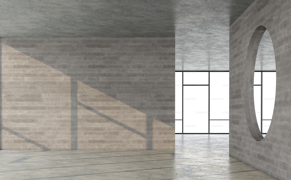Stanza vuota in cemento stile loft con luce solare che brilla nella stanza Illustrazione di rendering 3D