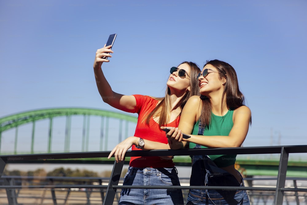 Smiling young best female friends taking selfie in the park on a summer day