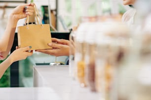 Hands of customer taking paper-bag with her order from hands of shop assistant