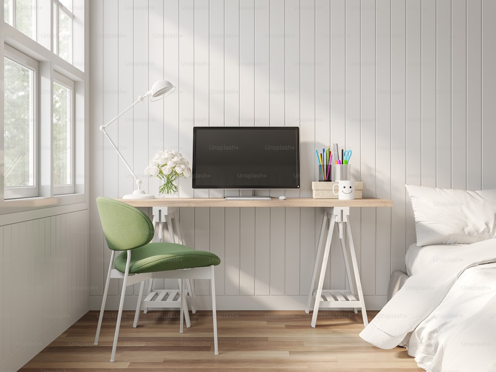 Trabajo vintage y dormitorio 3d render.there hay una pared de tablones blancos, piso de madera decorar la habitación con mesa de madera, silla verde y cama blanca con ventana blanca con vistas a la naturaleza.